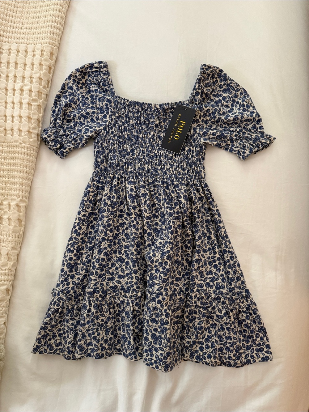 Polo by Ralph Lauren Navy & White Floral Smocked Puff Sleeve Dress